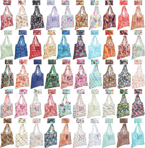 Vista 9 de Paterr Paquete de 50 bolsas de comestibles reutilizables plegables, bolsas de compras lavables a granel con bolsa de transporte para comestibles