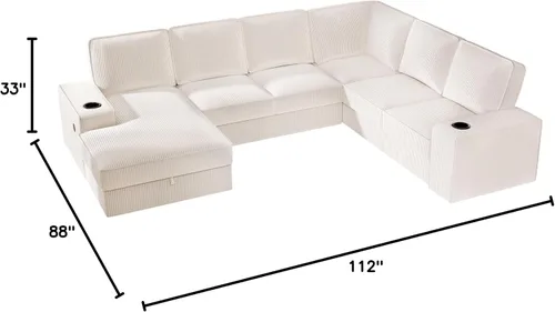 Vista 2 de PaPaJet Sofá en forma de U, sofá de gran tamaño de 112 pulgadas con diván de almacenamiento, sofá modular con portavasos y 2 puertos USB, sofá beige