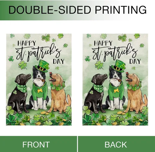 Vista 3 de Hzppyz Bandera de jardín con diseño de perros del Día de San Patricio, de doble cara, trébol de trébol dorado para cachorros, decoración pequeña