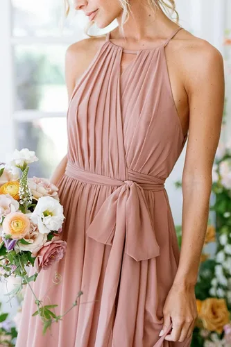 Vista 3 de Stylefun Vestidos de dama de honor de gasa con cuello halter para mujer, vestidos formales simples plisados CYM032