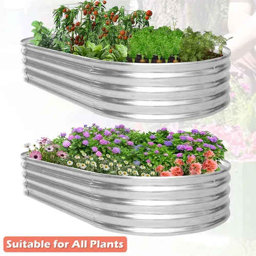 Vista 2 de HKLGorg Cama de jardín elevada galvanizada, caja de metal galvanizado de 6 x 3 x 1 pies, macetero ovalado grande elevado para flores, verduras