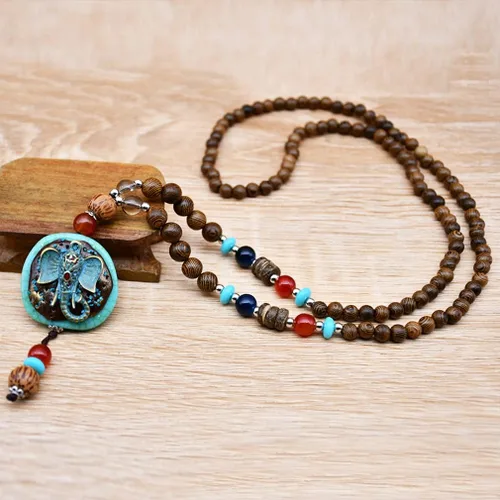Vista 5 de Collar largo vintage hecho a mano con cuentas de madera turquesa para mujer joyería de moda Metal