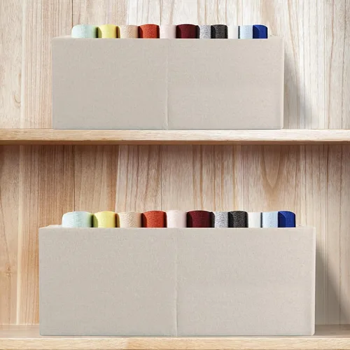 Vista 6 de Caja de Almacenamiento de Tela Plegable Cesta de Algodón y Lino con Asas de Madera, Cubo Rectangular Decorativo, Organizador de Lavandería