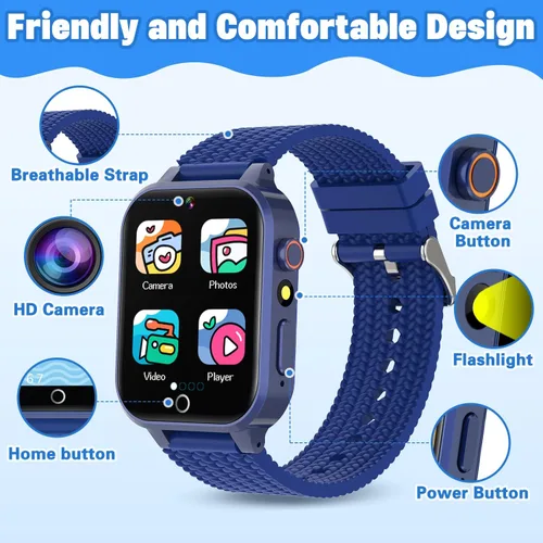 Vista 7 de Reloj inteligente para niños de 5 a 12 años, reloj para niños con 26 juegos, cámara, reproductor de música, podómetro, seguimiento de hábitos, Azul