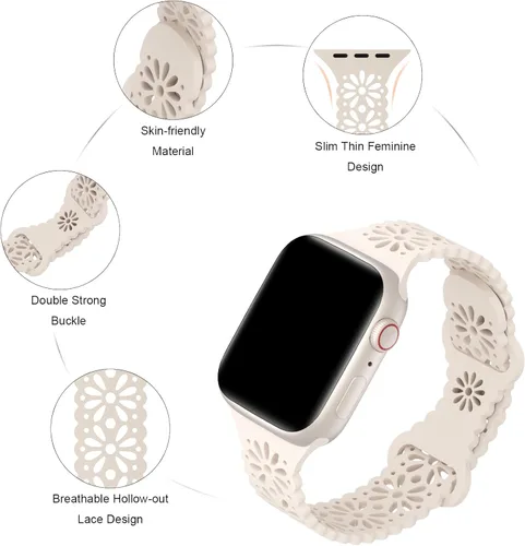 Vista 3 de Paquete de 6 correas de silicona delgadas y huecas de encaje compatibles con Apple Watch de 1.496 pulgadas, 1.575 pulgadas, 1.614 pulgadas, 1.654