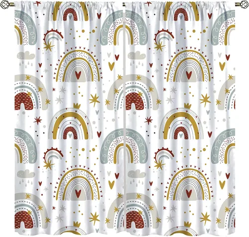 Vista 15 de Cortinas bohemias con diseño de arco iris, hermoso diseño de estrellas de durazno marrón y arcoíris, para dormitorio de niños y niñas, sala
