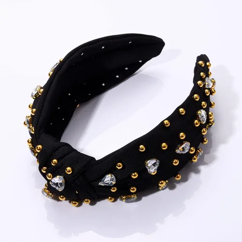 Vista 4 de Diademas anudadas de cristal para mujer, diademas brillantes con diamantes de imitación, cuentas doradas anchas adornadas, accesorios para el Negro