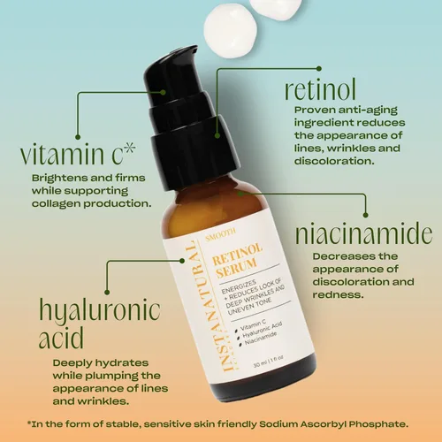 Vista 3 de InstaNatural Retinol Serum anti arruga, anti envejecimiento facial, ayuda a reducir la apariencia de arrugas, patas de gallo y líneas finas