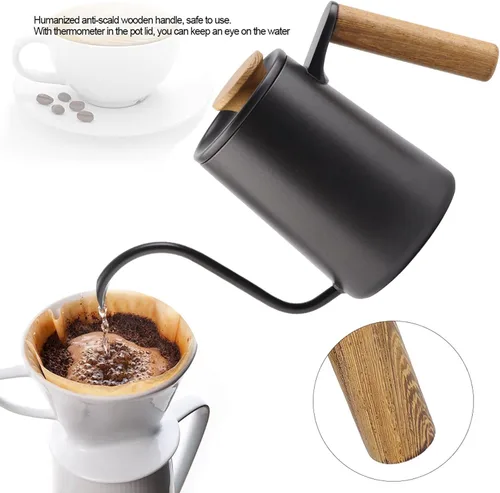 Vista 2 de Pour Over - Hervidor de café de 20.3 fl oz, mango de acero inoxidable, boquilla de cuello de cisne larga y estrecha (negro)