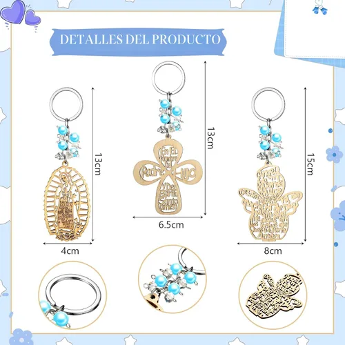 Vista 3 de Hicarer 30 piezas de llavero de bautismo regalo de bautizo recuerdos de bautizo para cruz llavero de madera con bolsas de organza (perlas azules)