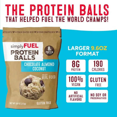 Vista 3 de simplyFUEL - Bolas de proteína de alimentos integrales con probióticos, bocadillos de chocolate y almendras y coco, 0.28 oz de proteína, bolas