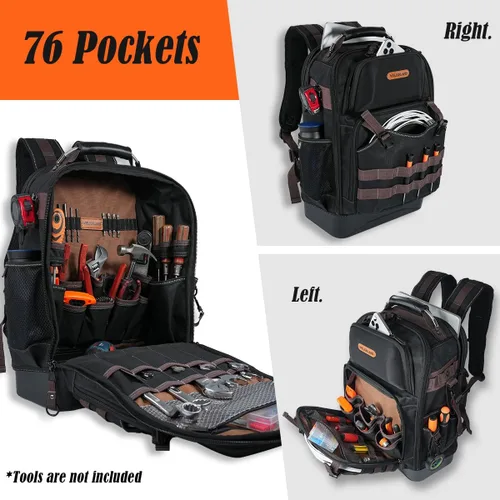 Vista 3 de WELKINLAND Mochila de herramientas de 76 bolsillos, mochila para electricista de fondo duro, mochilas grandes de alta resistencia