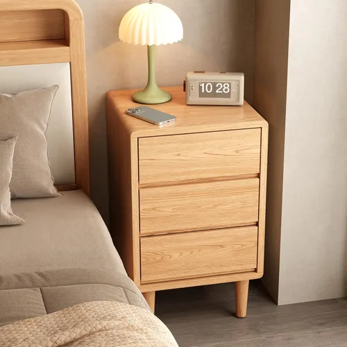 Vista 9 de Mesita de noche alta natural con 3 cajones, mesita de noche moderna de mediados de siglo con almacenamiento, mesita de noche de madera maciza