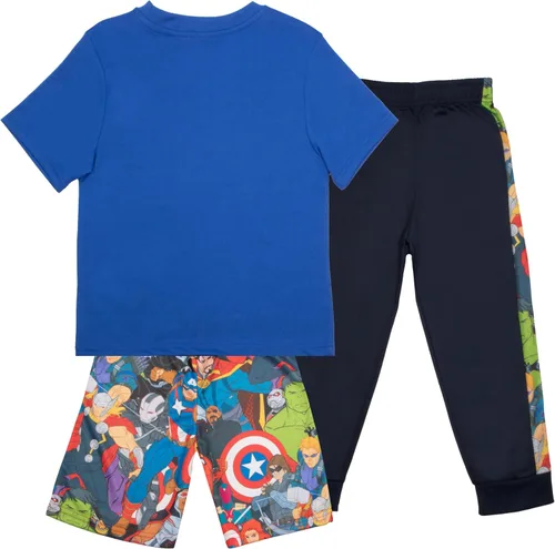 Vista 2 de Marvel Avengers Superheroes - Juego de 3 piezas de camiseta de manga corta, pantalones cortos y pantalones deportivos para niños, paquete de 3