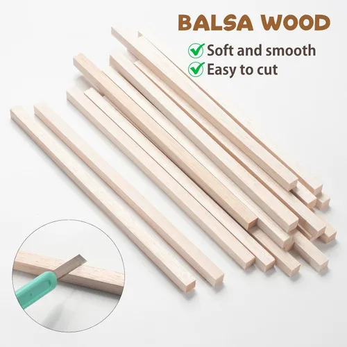 Vista 2 de Palitos de madera de balsa, tiras de madera de balsa, 20 varillas cuadradas de madera de 1/2 x 12 pulgadas para manualidades, palos de madera sin
