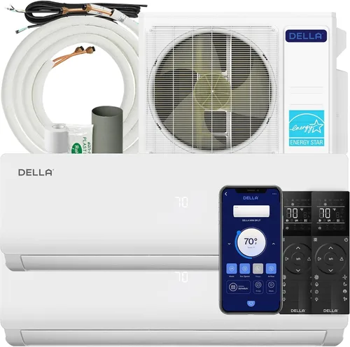 Vista 13 de DELLA 20K BTU Dual Zone Mini Split AC (2x9K), 19 SEER2, kits de 16 pies Blanco con juego de línea