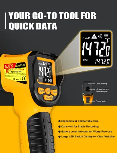 Vista 4 de NJTY Pistola Termómetro Infrarrojo, -58℉ a 1472℉, Alta Precisión, Sensor de Temperatura Láser Sin Contacto con Pantalla LCD Retroiluminada