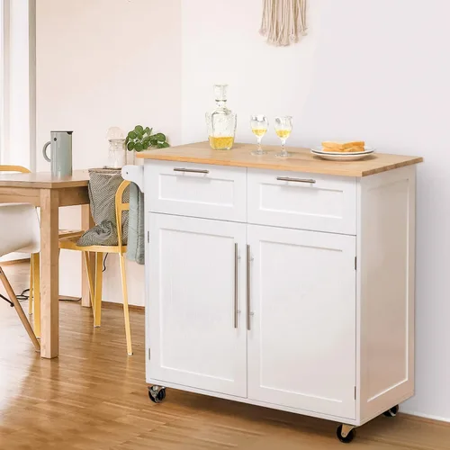 Vista 2 de Harmony-Furniture - Isla de cocina con ruedas con cajones y armarios de almacenamiento, carrito de servicio con cerradura, carrito de cocina móvil
