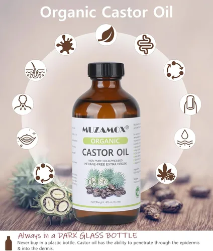 Vista 2 de MUZAMOX Paquete de Aceite de Ricino con Envoltorio y Juego de Botella de Vidrio de 8 fl.oz, Incluye Aceite de Ricino Orgánico Prensado en Frío y Sin