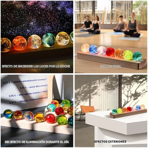 Vista 6 de Bola de cristal con base de luces LED de madera, luz nocturna de cristal colorida, 7 bolas de cristal, luces USB decorativas, mesa USB, lámpara