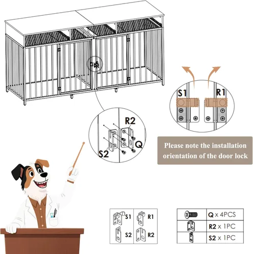 Vista 8 de HOSTACK Mueble doble para perros, perrera de 71 pulgadas de ancho para interiores con 3 cajones, jaula de granja para perros para 2 perros Gris