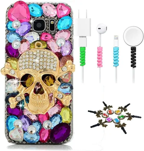Vista 6 de Sparkle Funda compatible con Samsung Galaxy J2 Prime – Elegante funda 3D hecha a mano con diseño de calavera grande con protector de cable