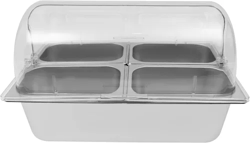 Vista 5 de Recipiente de acero inoxidable para servir alimentos de 4 bandejas con tapa, servidor de condimentos con cucharas, abrazaderas, bolsas de agua