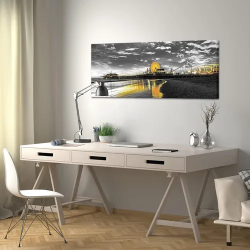 Vista 2 de Conipit Lienzo decorativo gris y amarillo para pared, diseño de muelle de Santa Mónica, imágenes de Los Ángeles, California, rueda de la fortuna