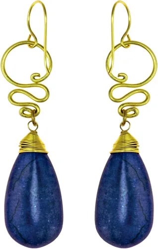 Vista 3 de AeraVida Aretes de gancho de pez de howlita teñidos de latón, tribales bohemios, reconstruidos, color azul marino, con forma de lágrima, remolinos