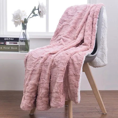 Vista 2 de Tache Dusty Rose Blush Pink Throw Super Soft Warm Faux Fur with Ivory Sherpa Back Blanket - 50x60