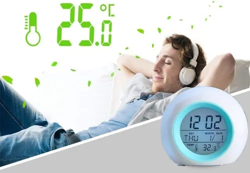 Vista 3 de Wisdom Link Reloj despertador digital para niños, luz nocturna de 7 colores, repetición, detección de temperatura para niños pequeños, niños