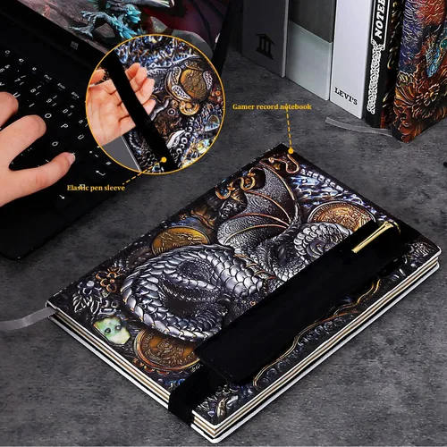 Vista 2 de FEIDIAO Cuaderno vintage de cuero en relieve Flying Dragon DND, diario de viaje A5 diario con bolígrafo y funda para bolígrafo, diario de piel