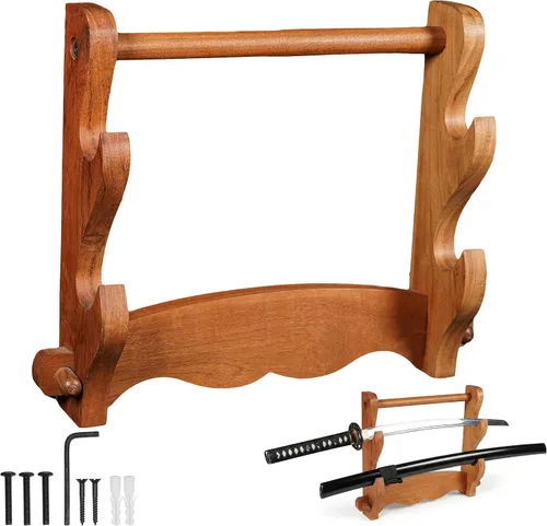 Vista 9 de Mythrojan Soporte de espada medieval de madera maciza horizontal para katana, samurái, gladiador, espadas cruzadas, soporte de mesa elegante, 1 nivel