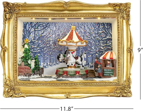 Vista 3 de Mr. Christmas - Caja de sombra con marco de resina dorada del 90º aniversario con carrusel