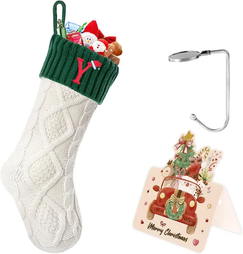 Vista 177 de Calcetines de Navidad con inicial A, 20 pulgadas, con iniciales bordadas para la familia, calcetín navideño tejido personalizado con monograma