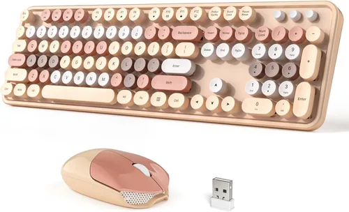 Vista 11 de Dilter Combo de teclado y mouse inalámbricos, teclado retro con teclas redondas, ergonómico de tamaño completo, ideal para PC con Windows, hogar