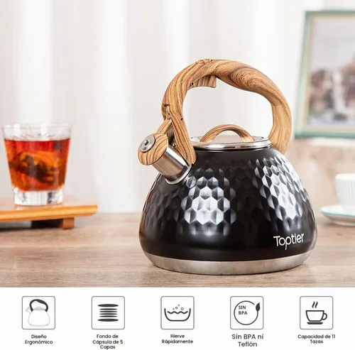 Vista 6 de Tetera, Tetera Silbadora Toptier con Mango de Patrón de Madera Silbato Fuerte, Tetera de Acero Inoxidable Grado Alimenticio para Estufas de Negro