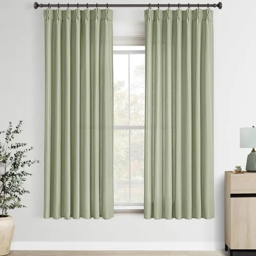 Vista 43 de Cortinas de lino de 63 pulgadas, juego de 2 paneles para sala de estar, beige natural, cortinas con pliegues pellizco entrenadas con memoria