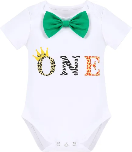 Vista 2 de IMEKIS Traje de 1er cumpleaños para bebés niños con estampado de animales de safari en la selva, mameluco, tirantes, pantalones cortos, sombrero, 4