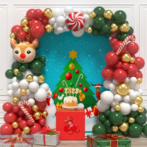Vista 5 de Kit de arco de globos de Navidad, 167 unidades, arco de globos de Navidad rojo, verde, blanco y dorado con globos de bastón de caramelo, globos