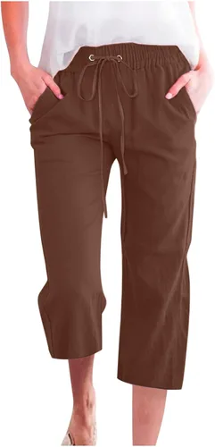 Vista 28 de Ceboyel Pantalones capri para mujer para verano, cintura elástica, pantalones de yoga, con cordón, pantalones de lino, pantalones de entrenamiento