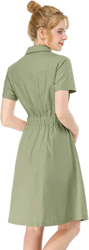 Vista 5 de Allegra K Vestidos de safari de algodón con cuello abotonado para mujer