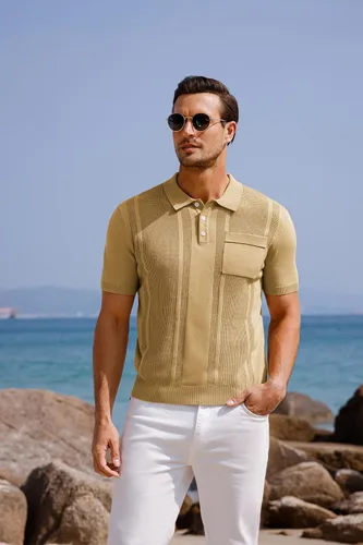 Vista 2 de GRACE KARIN Camisas polo de punto para hombre, manga corta, textura, ligeras, suéter de golf