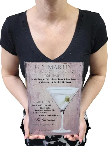 Vista 2 de Cartel de placa de metal para decoración de pared de 8 x 12 pulgadas para cócteles y bebidas (GIN MARTINI)