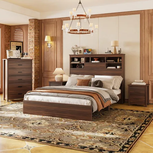 Vista 12 de Conjunto de dormitorio de 4 piezas estilo granja, cama plataforma tamaño queen con 2 mesitas de noche y almacenamiento de 5 cajones, estructura