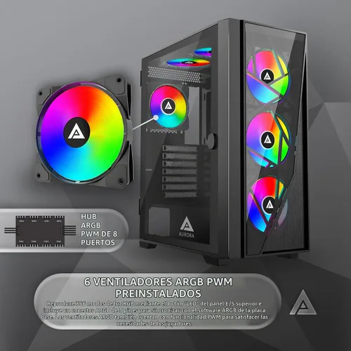 Vista 2 de Apevia Aurora-BK Aurora Mid Tower - Funda para PC para juegos con 6 ventiladores PWM ARGB de 4.724 in, 366 modos de luz RGB, 1 panel frontal