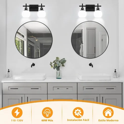 Vista 5 de Dpyrrhic Accesorios de Iluminación de Baño de 2 Luces Negro Sobre Espejo, Accesorios de Iluminación de Tocador Modernos, Luz de Tocador de Baño
