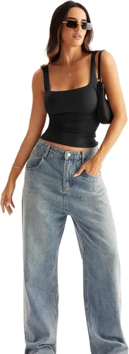 Vista 5 de Eachyes Camiseta sin mangas con cuello cuadrado y doble forro para mujer, con espalda baja