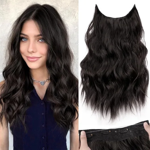 Vista 42 de Extensiones de cabello con hilo invisible, diadema transparente, ajustables, 4 clips fijadores, cabello largo y ondulado de 12 pulgadas, balayage