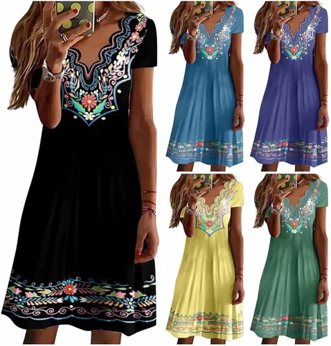 Vista 4 de Esopkuu Vestido de manga corta de algodón puro con estampado retro nacional, bordado con cuello en V, diseño de encaje